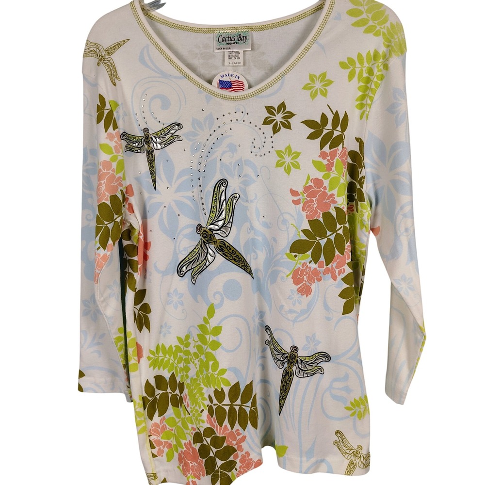 NWT Cactus Bay Womens XL Dragonfly Floral Tee Multicolor Cotton Naturecore